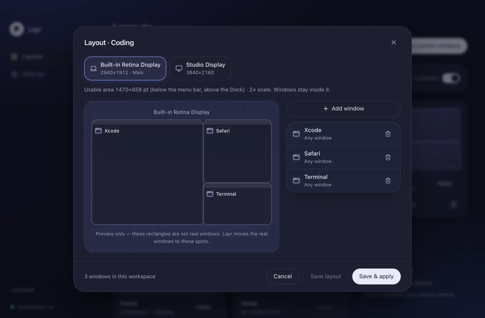 Layr’s layout editor: Xcode, Safari and Terminal tiles placed on the built-in display