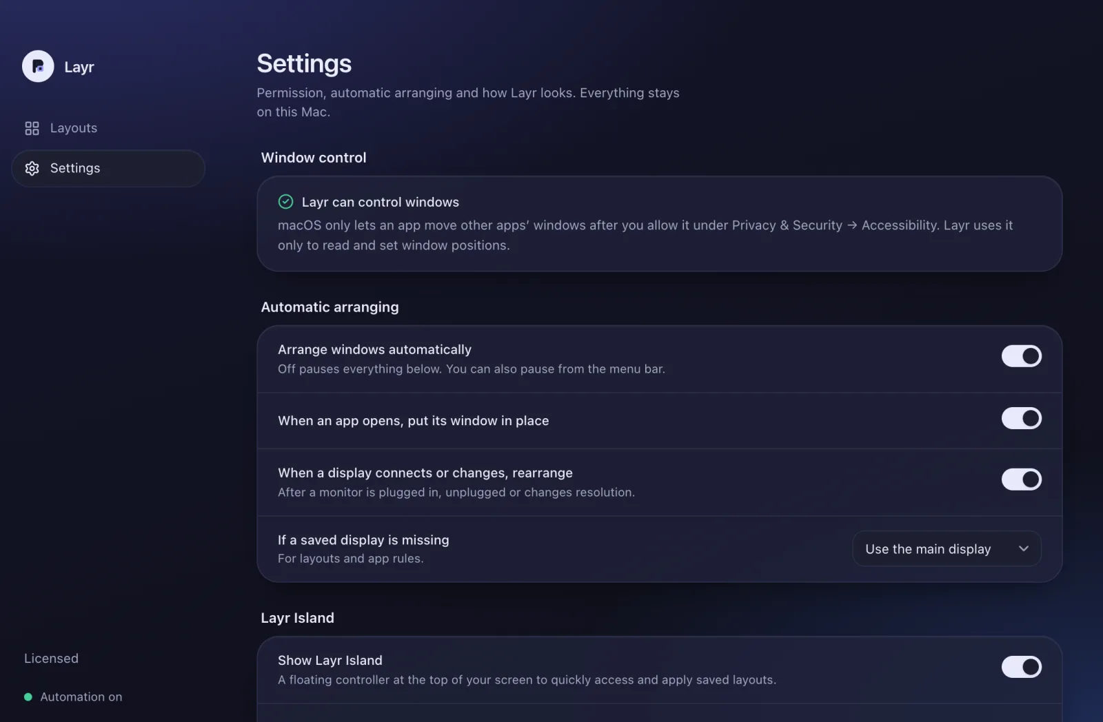 Layr Settings showing window-control permission and automatic arranging options